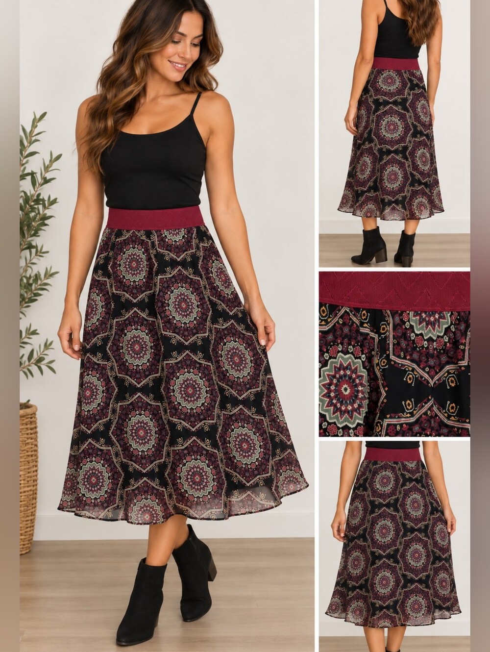 NWT LuLaRoe Lola Midi Skirt XS Black Purple Geometric Print Boho Flowy Fairycore